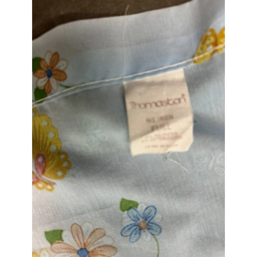 Vintage Thomaston No Iron FULL Flat Sheet Blue with Flowers and Butterflies READ